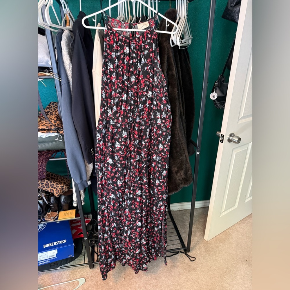 Universal Thread Black Maxi Dress with Red & White Floral Print